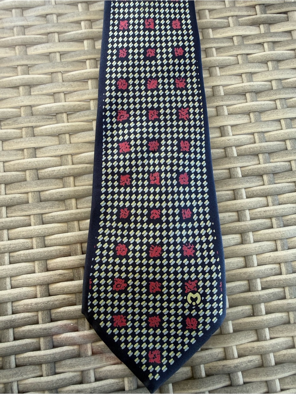 Mila Schon Men's Navy Patterned Silk Tie with Red Accents